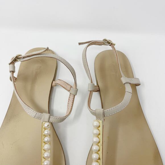 ALDO Womens US 9 EUR 40 Cream Faux Pearl Thong Sandals Ankle Strap Flat - Picture 5 of 12
